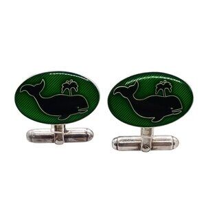 Vintage Brooks Brothers  Sterling Silver Green Enamel Whale Cufflinks